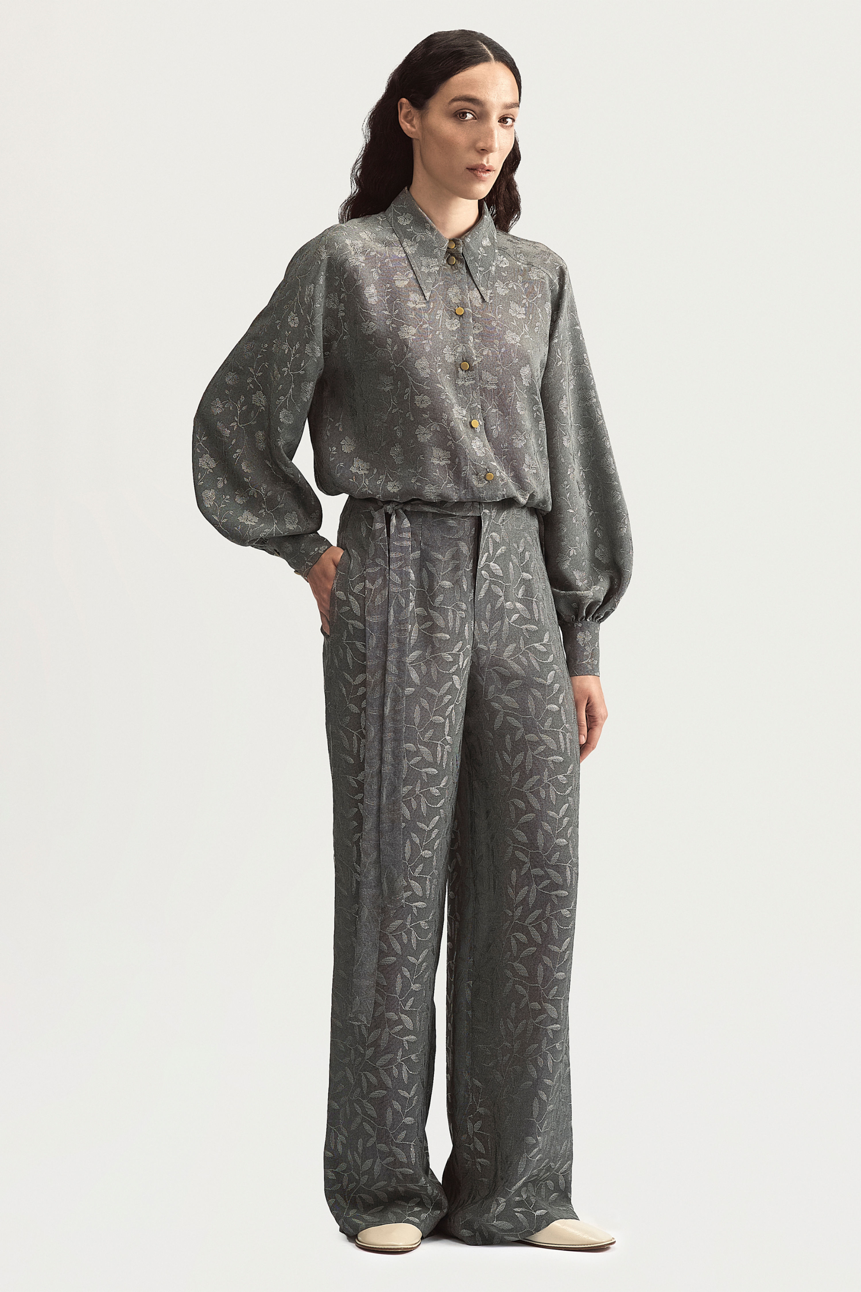 RIBBON SUIT TROUSERS - SILVER LEAVES JACQUARD