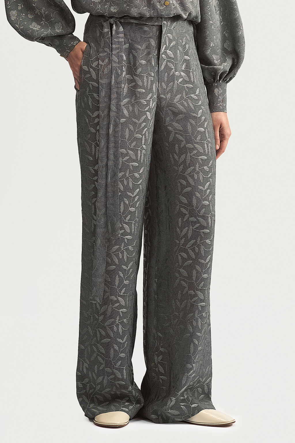 RIBBON SUIT TROUSERS - SILVER LEAVES JACQUARD