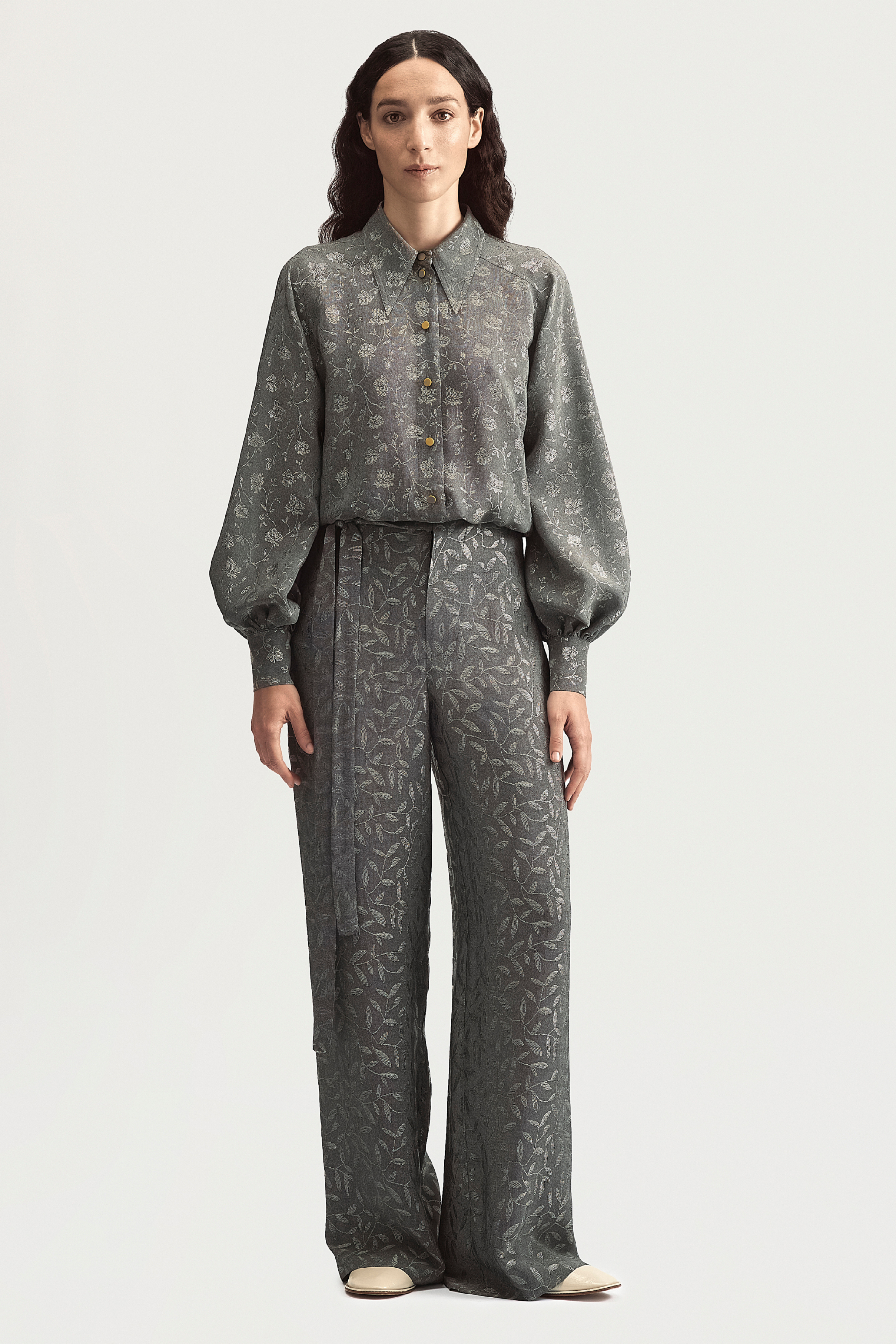 RIBBON SUIT TROUSERS - SILVER LEAVES JACQUARD