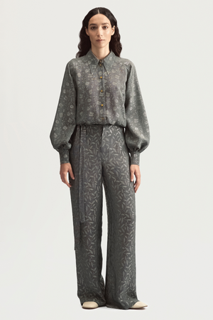 RIBBON SUIT TROUSERS - SILVER LEAVES JACQUARD