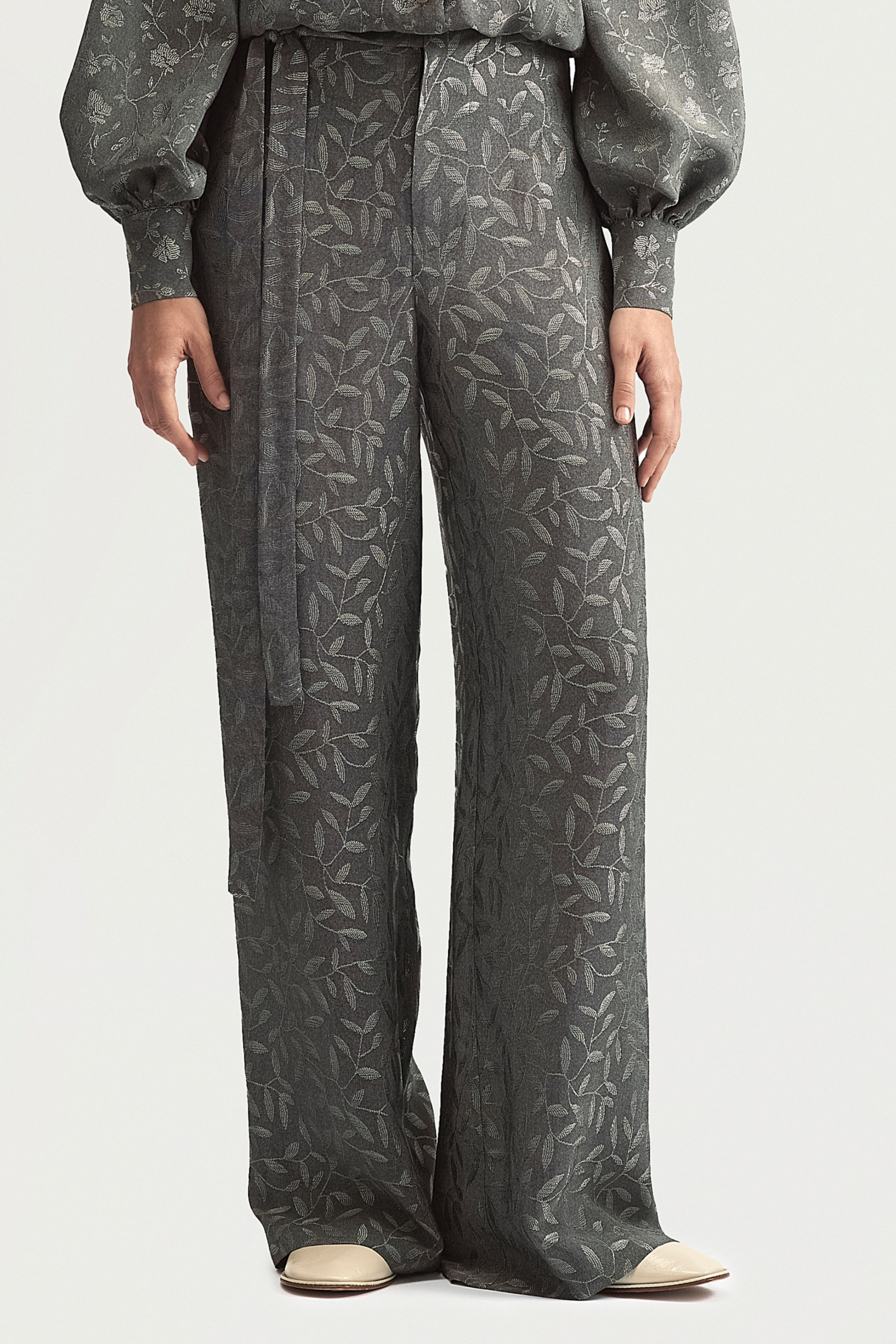 RIBBON SUIT TROUSERS - SILVER LEAVES JACQUARD