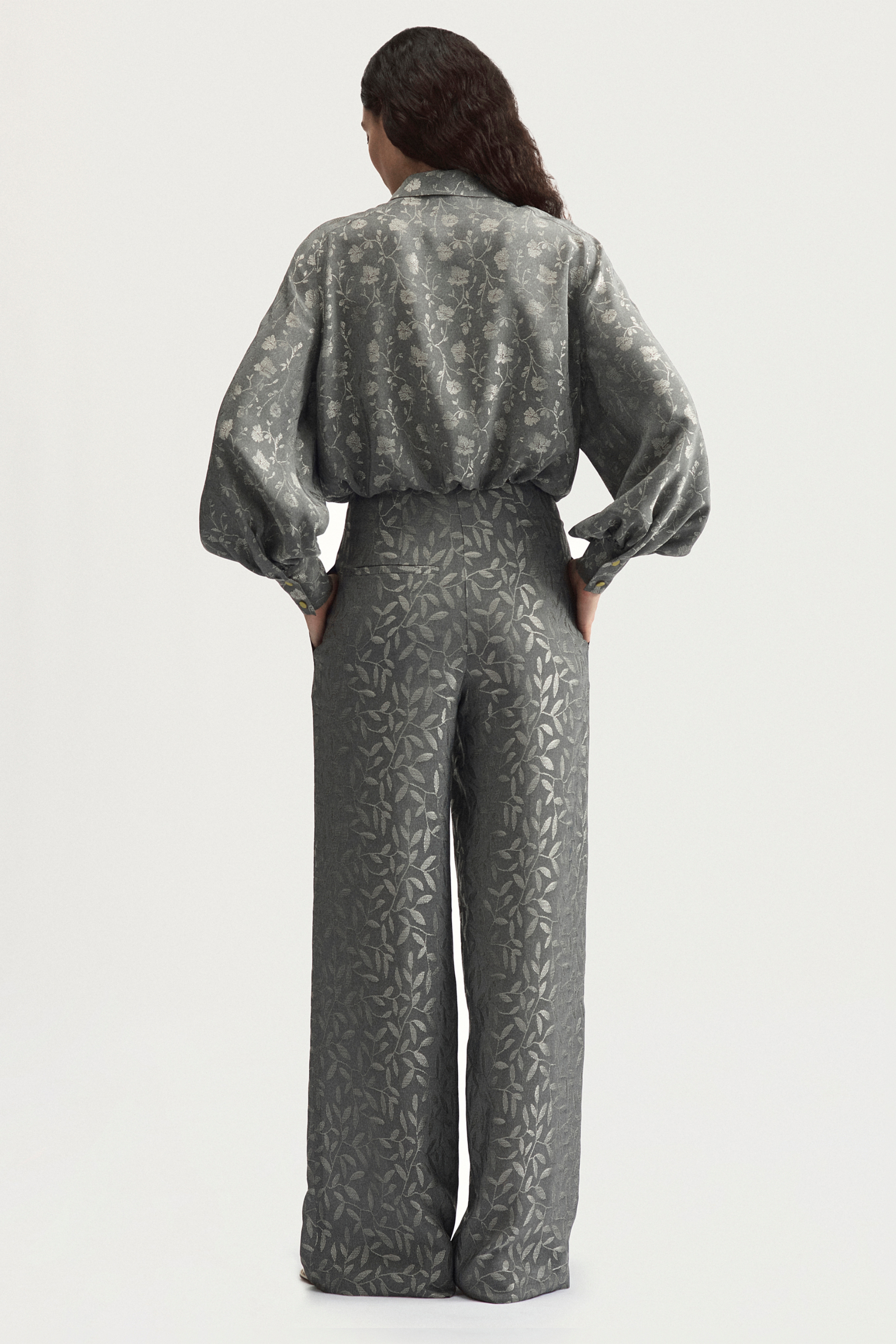 RIBBON SUIT TROUSERS - SILVER LEAVES JACQUARD