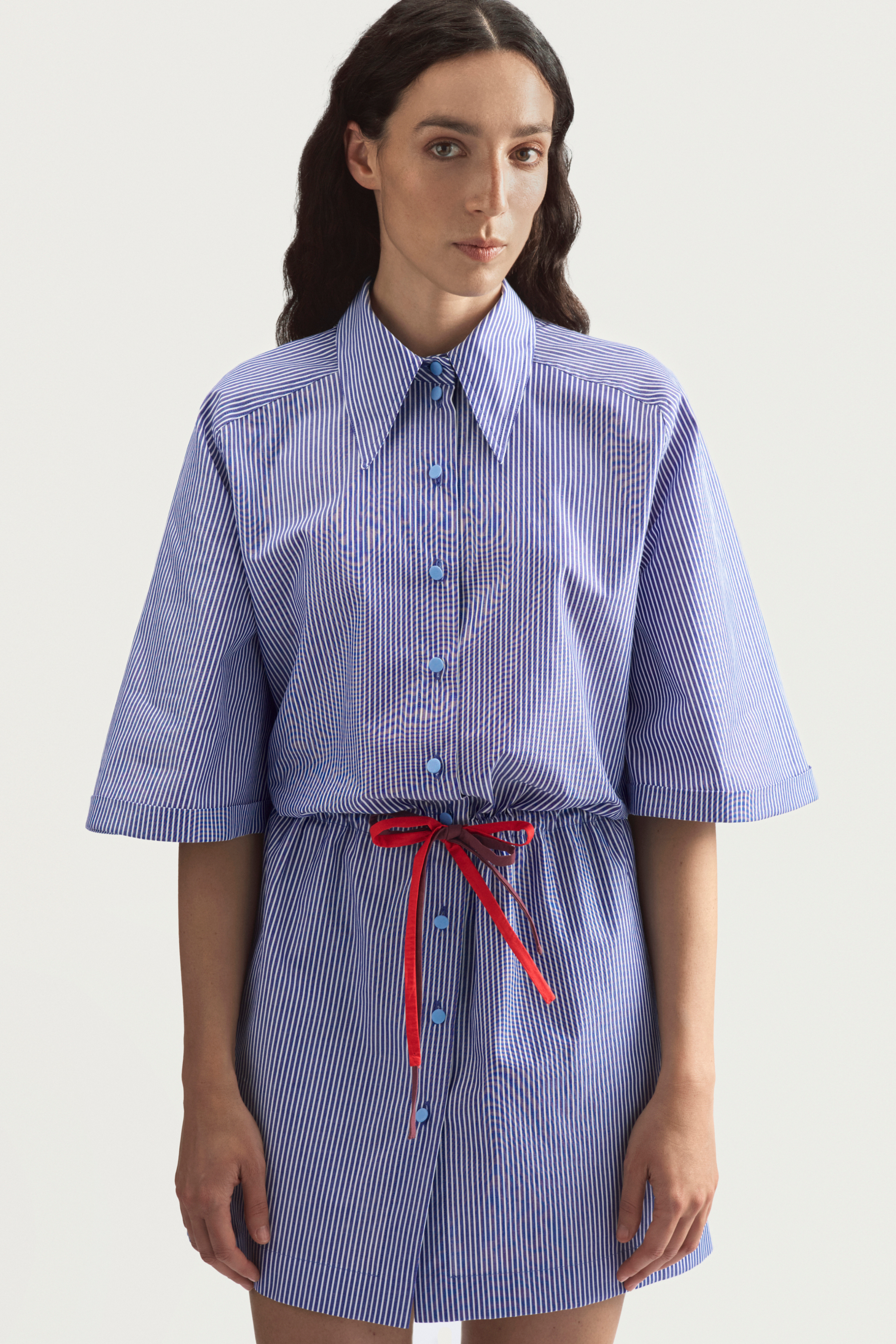 SUMMER ROLLER DRESS - BLUE STRIPED POPLIN
