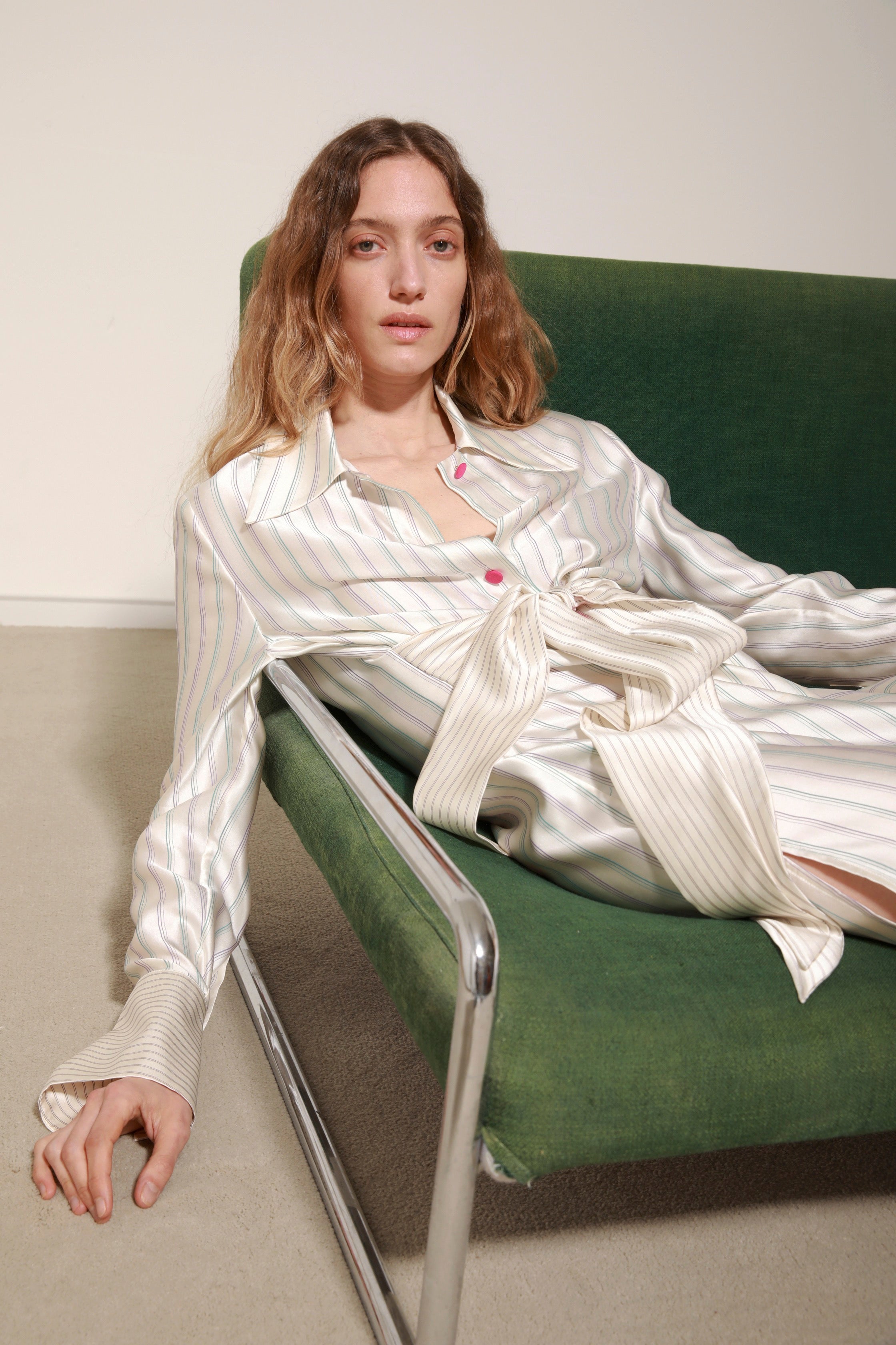 LOULOU LONG DRESS - PINSTRIPE SATIN