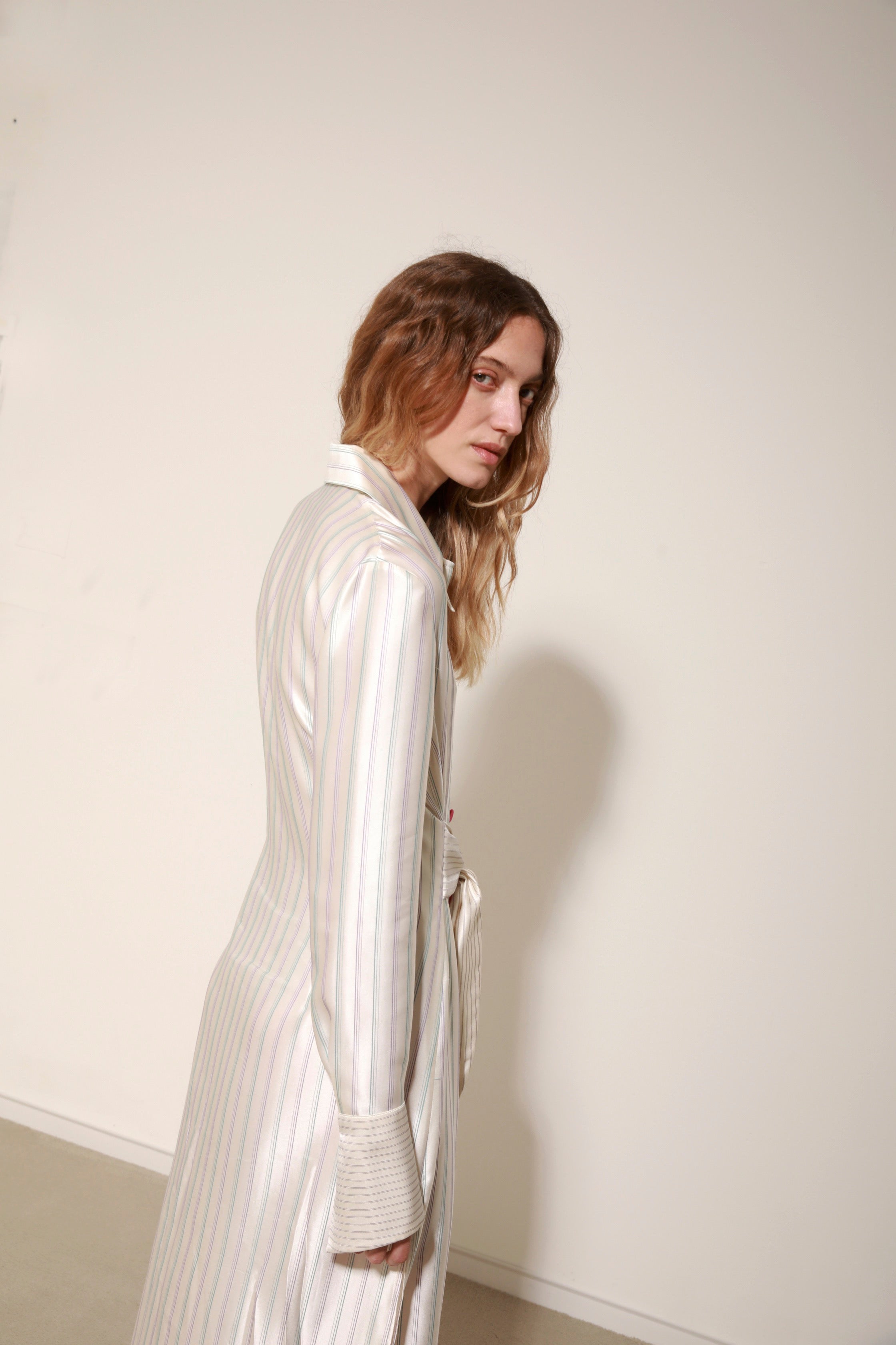 LOULOU LONG DRESS - PINSTRIPE SATIN